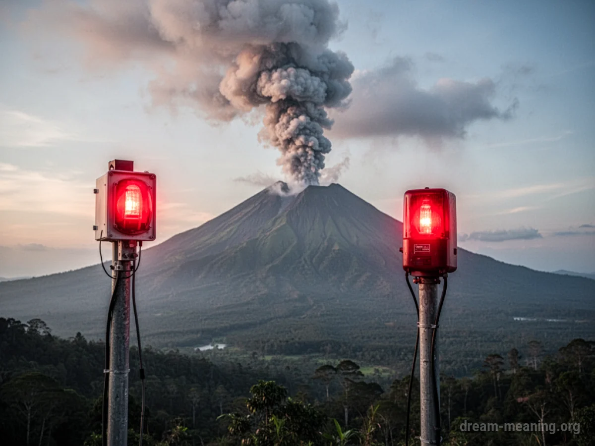A smoking volcano with a flashing red warning light in the foreground.