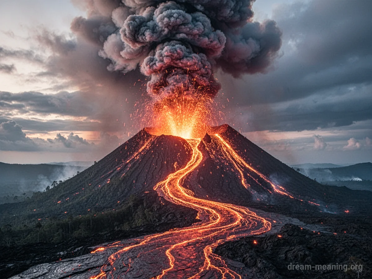 A large volcano erupting with lava and smoke.
