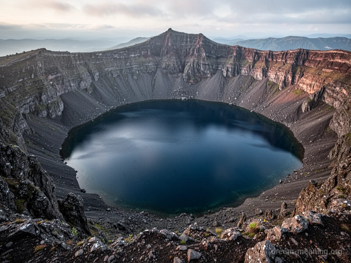 A calm lake situated within the rocky walls of a volcano's crater.