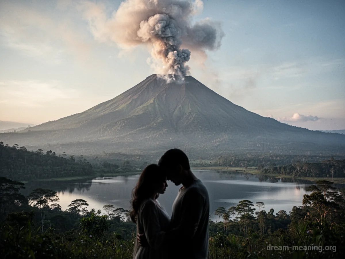 A smoking volcano in the distance overlooking a calm landscape with a faint human silhouette.