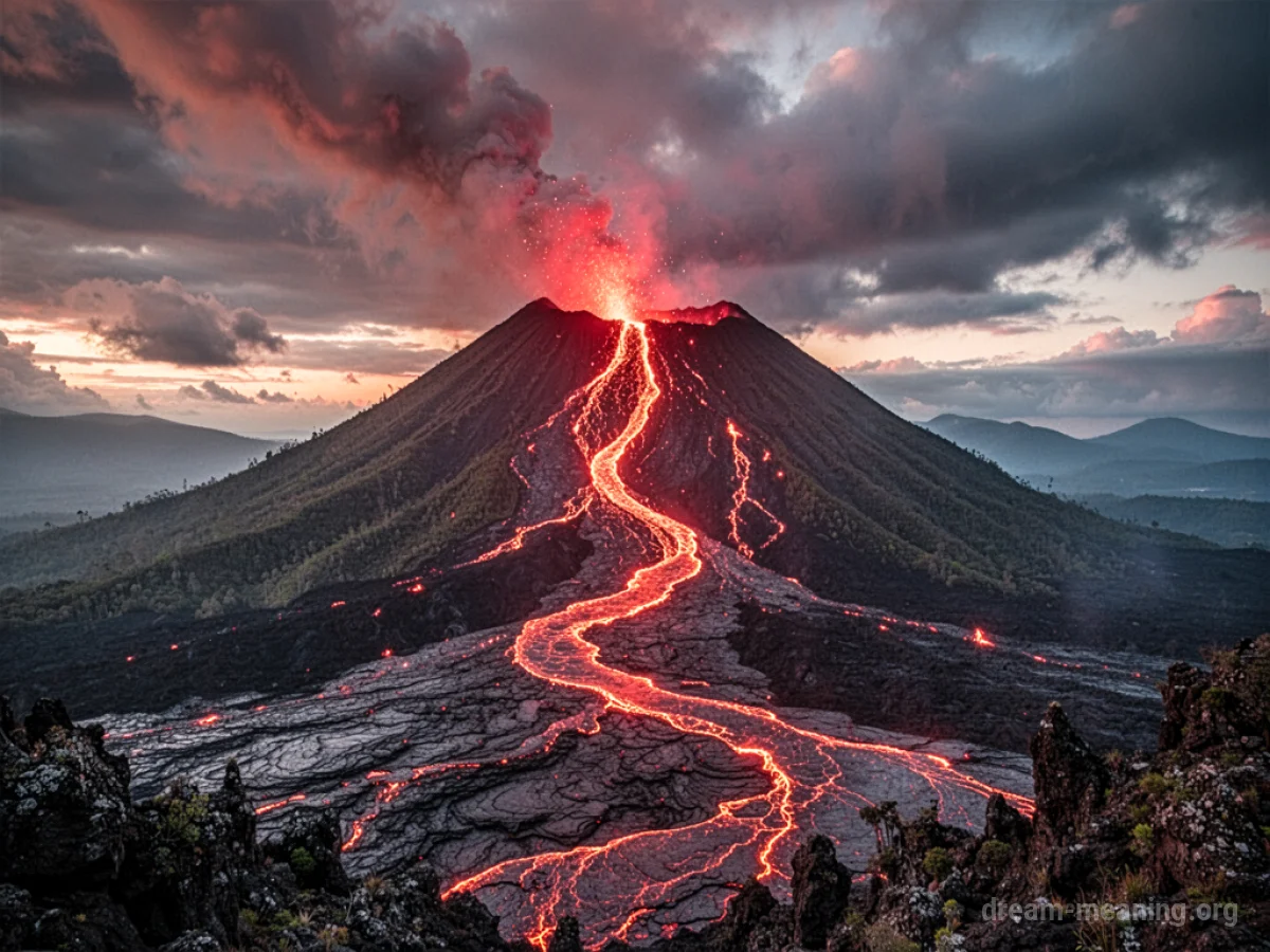 Distant view of a volcano with glowing red lava.