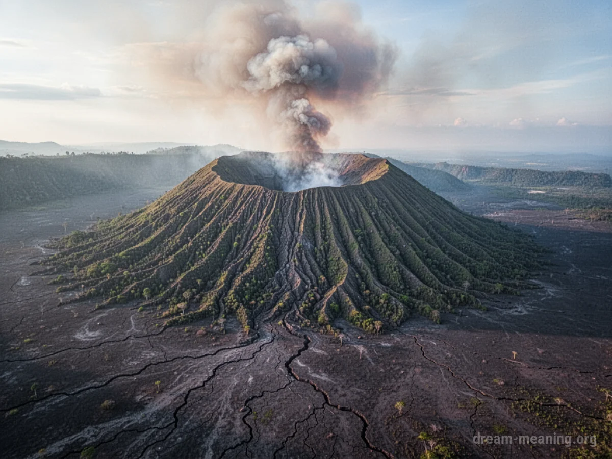 A volcano emitting a small plume of smoke, with subtle fissures in the earth nearby.