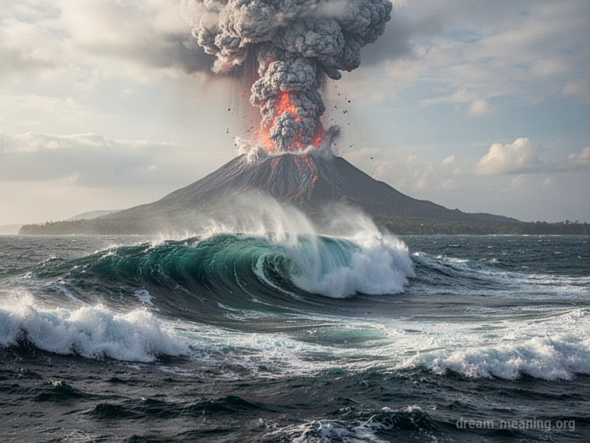A large wave approaching a coastline, with smoke rising from a distant volcano.