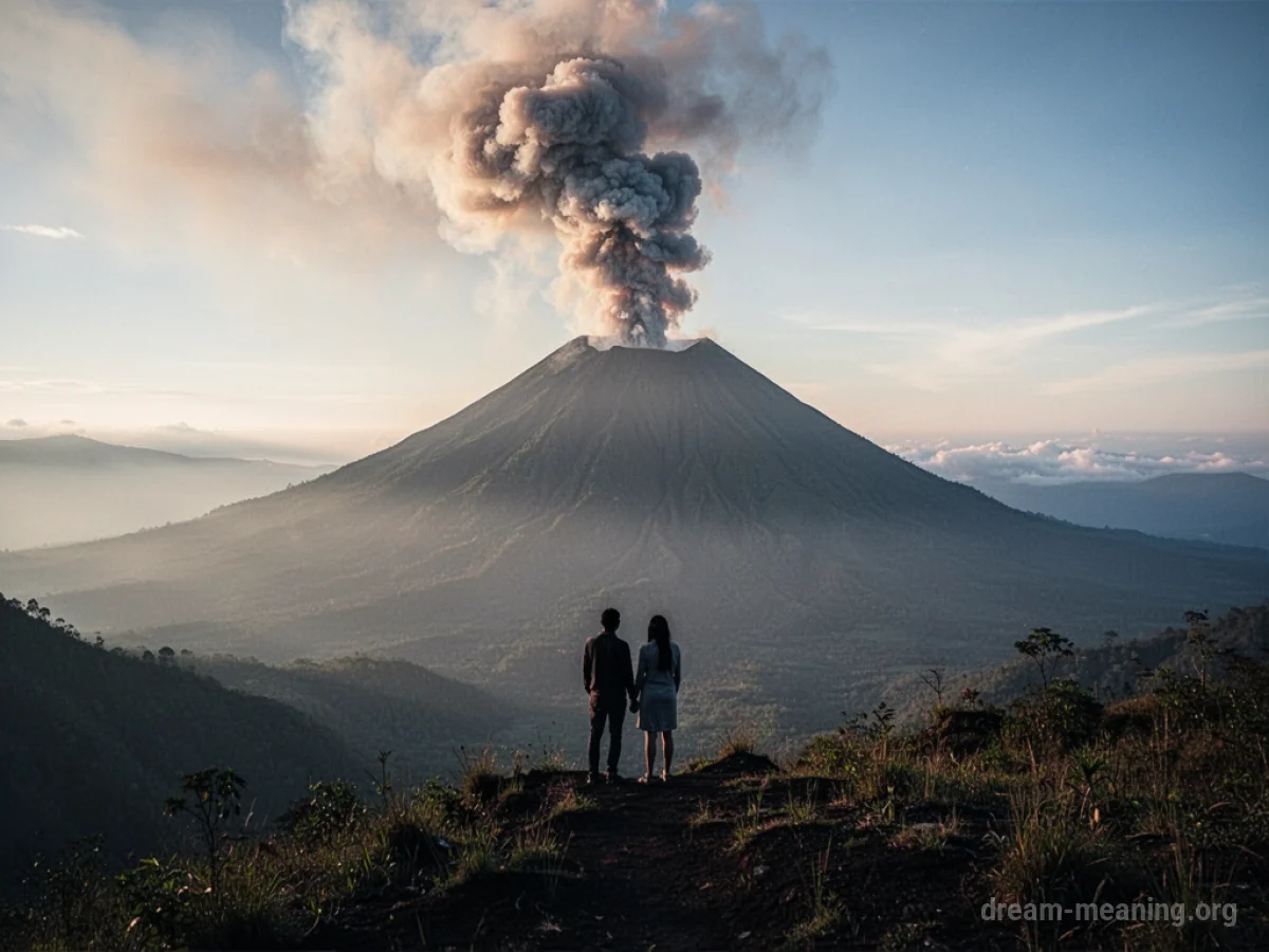 Two figures stand on a hill overlooking a smoking volcano.