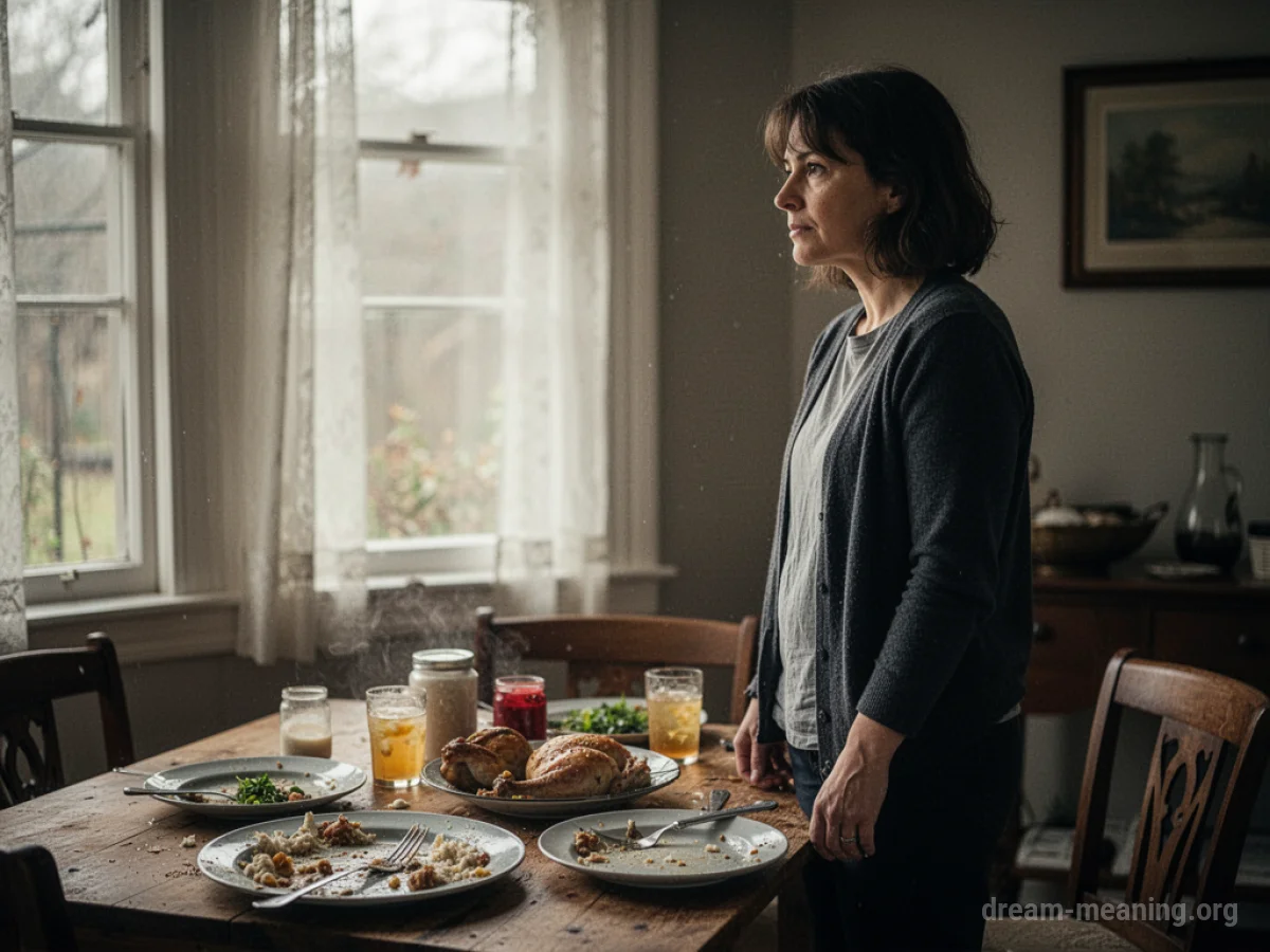 Person stands near a table with food, facing away.