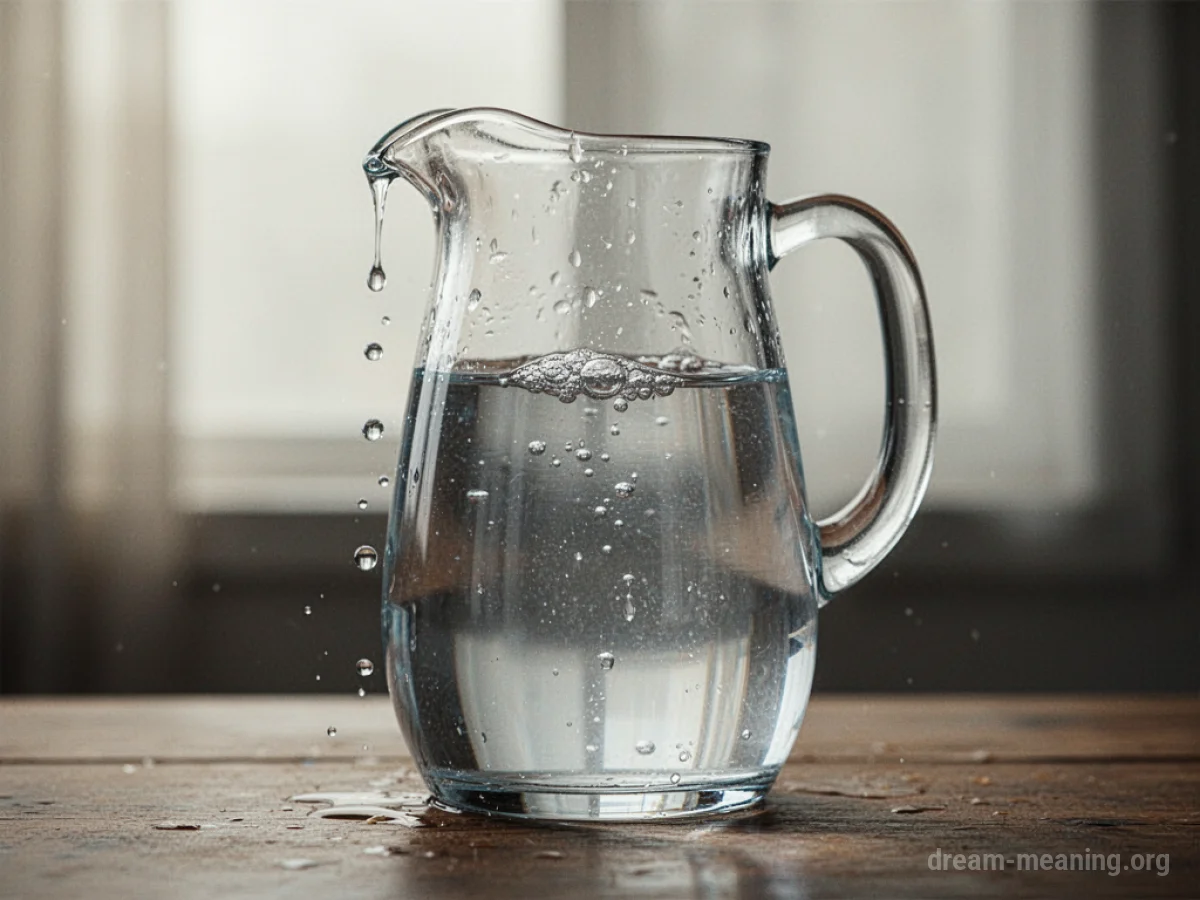 A clear glass pitcher with water droplets falling.