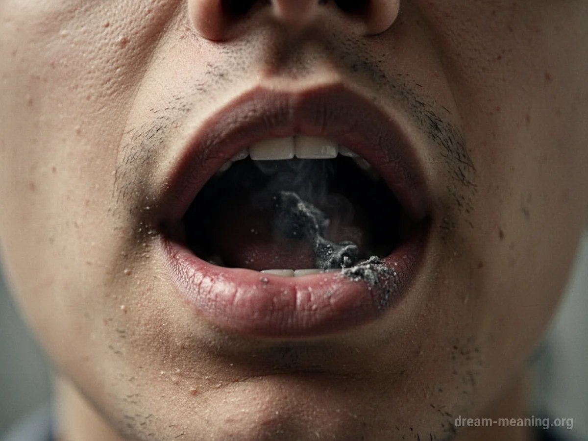 A person's mouth with a dark, undefined mass inside.