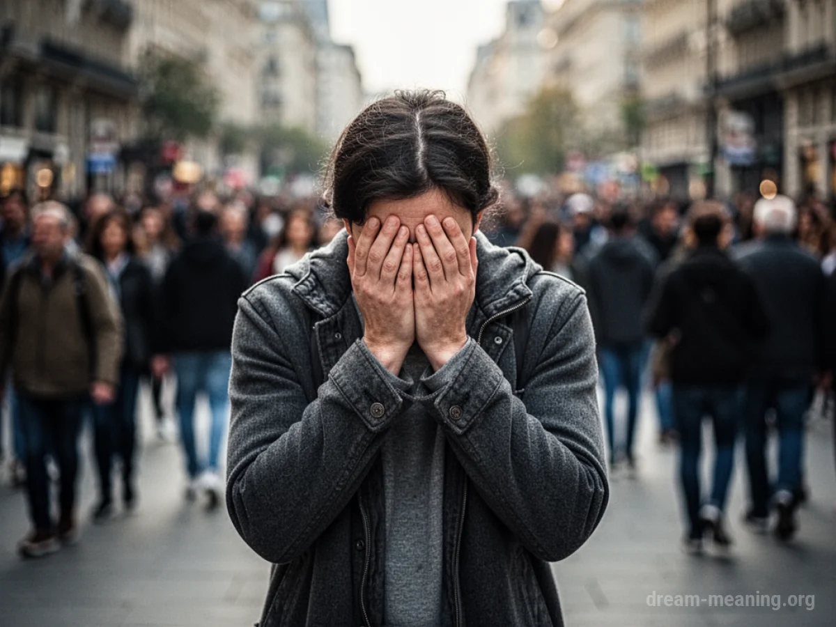 A person stands alone in a blurry crowd, head bowed.