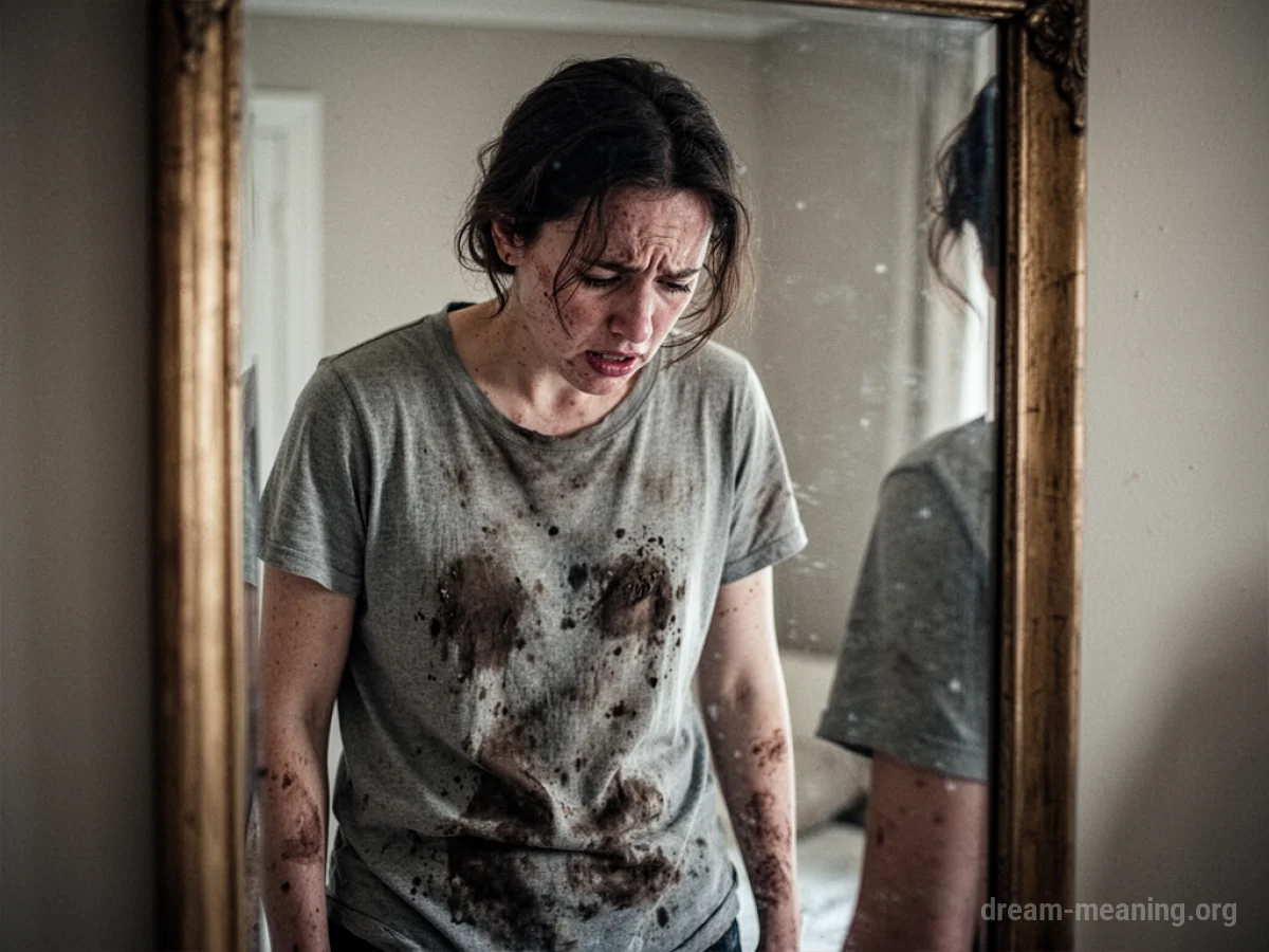 Person looking down at stained clothes in a mirror.