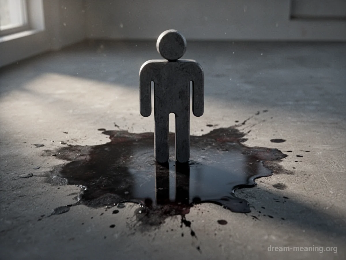 An abstract silhouette figure standing above a dark stain on a flat surface.