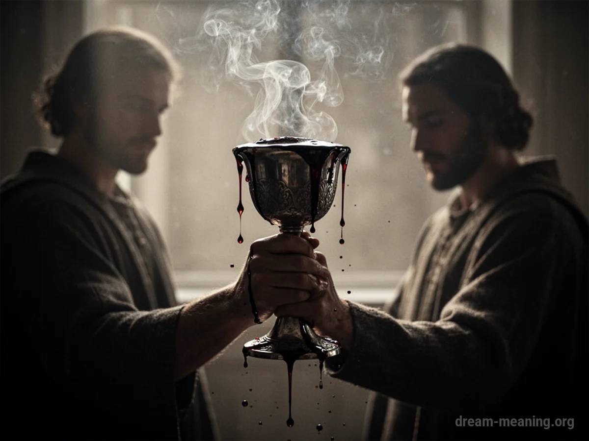 Silhouette of a person holding an overflowing chalice with dark liquid.