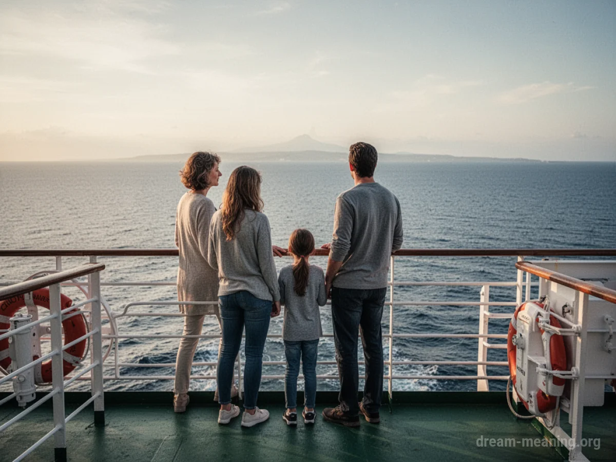 A family silhouetted on a ship's deck looking out at the sea.