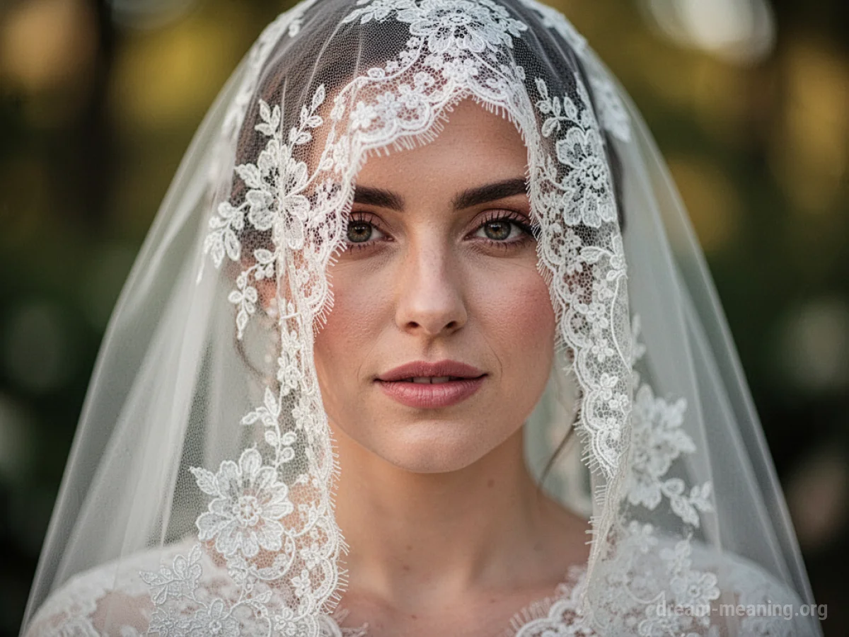 A close-up of a woman's eyes and nose visible through a white lace wedding veil.