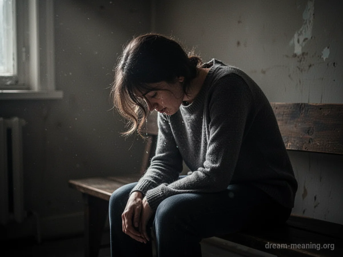 A person sitting alone, head bowed, with tears on their face in a softly lit room.