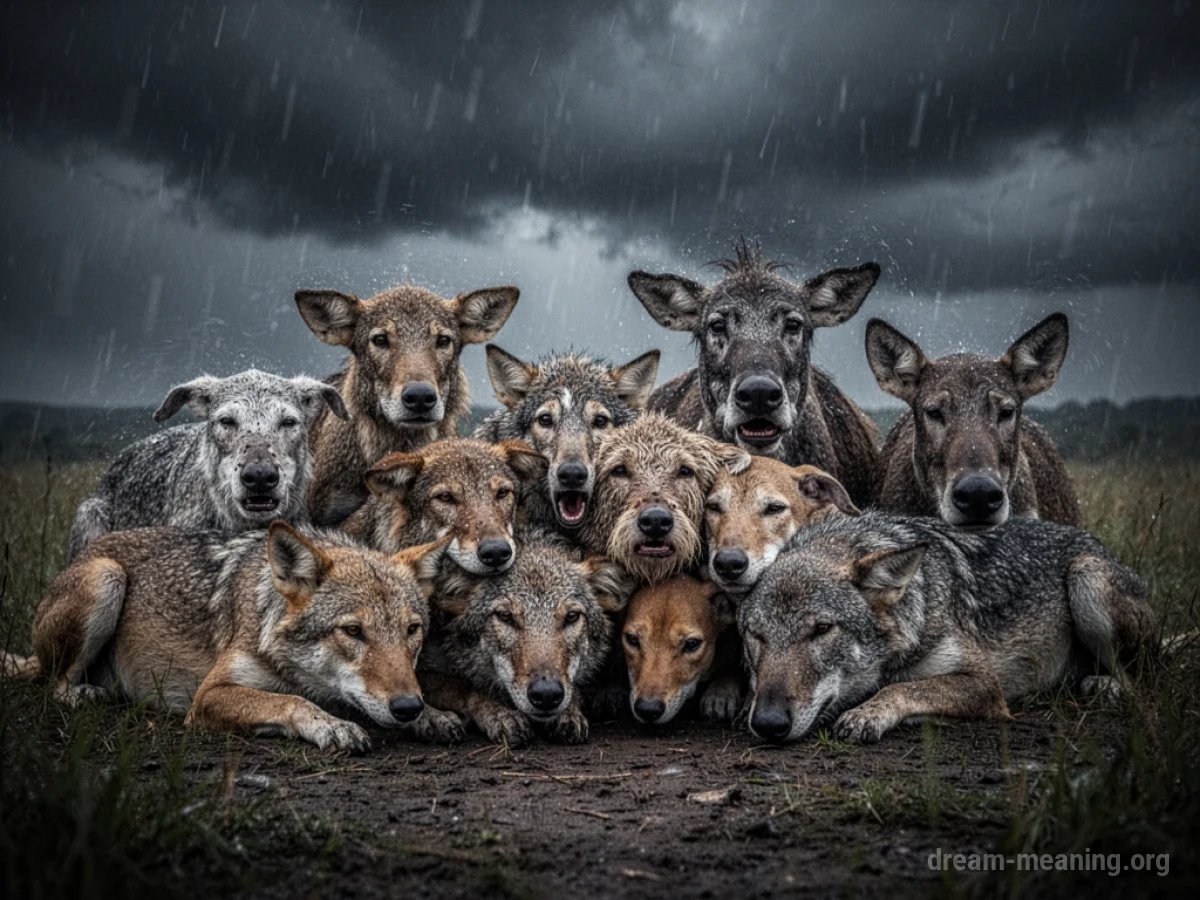 Animals huddling together under a dark and windy sky.