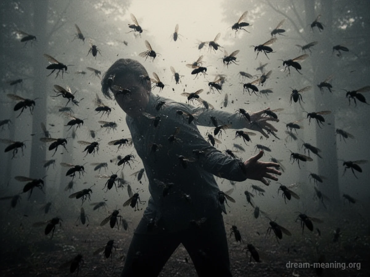 Silhouette of a person turning away from a cloud of dark, insect-like shapes.