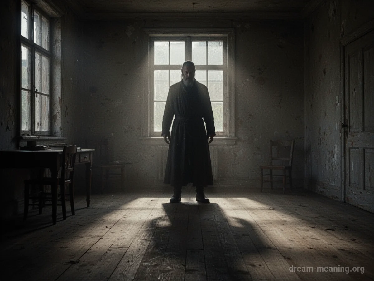 A dark silhouette of a figure standing behind a person.