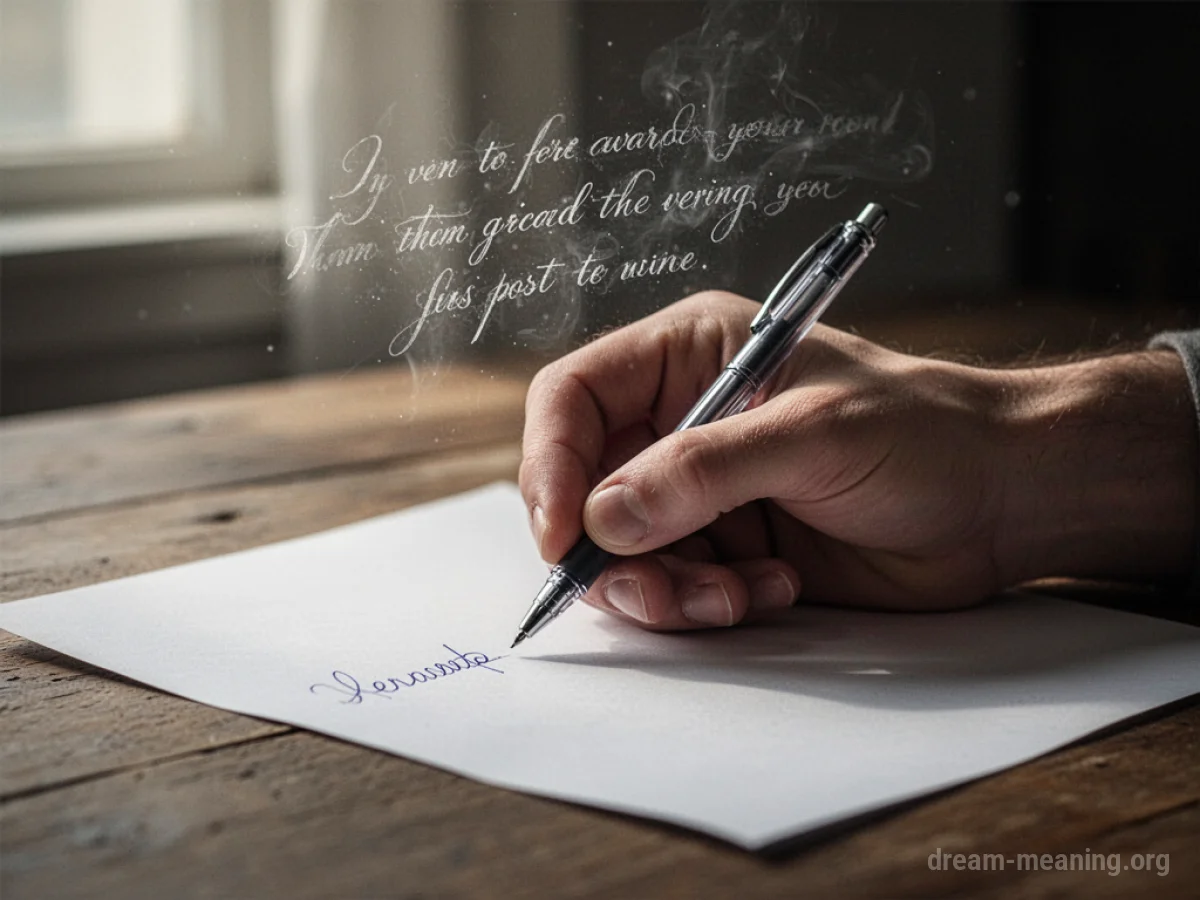 A hand writing on paper with glowing script.