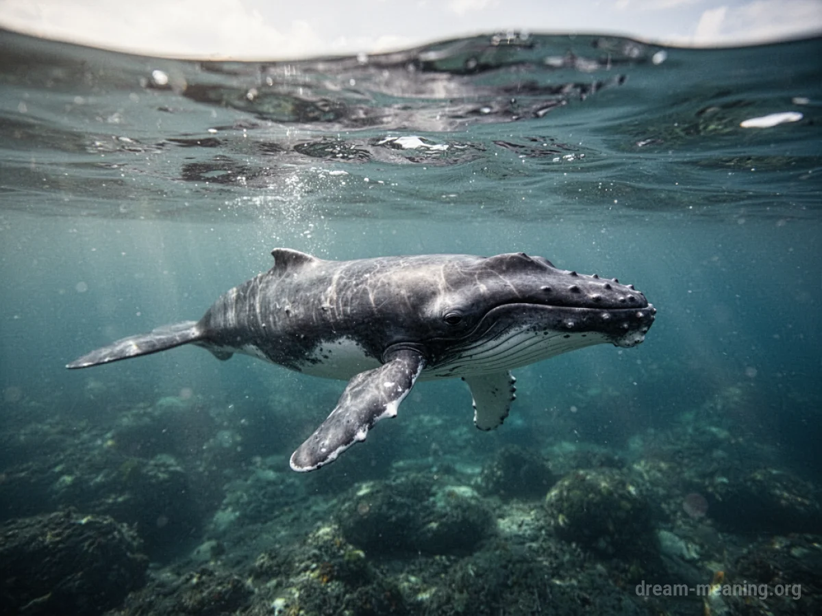 A small whale calf swimming close to the surface of the ocean.