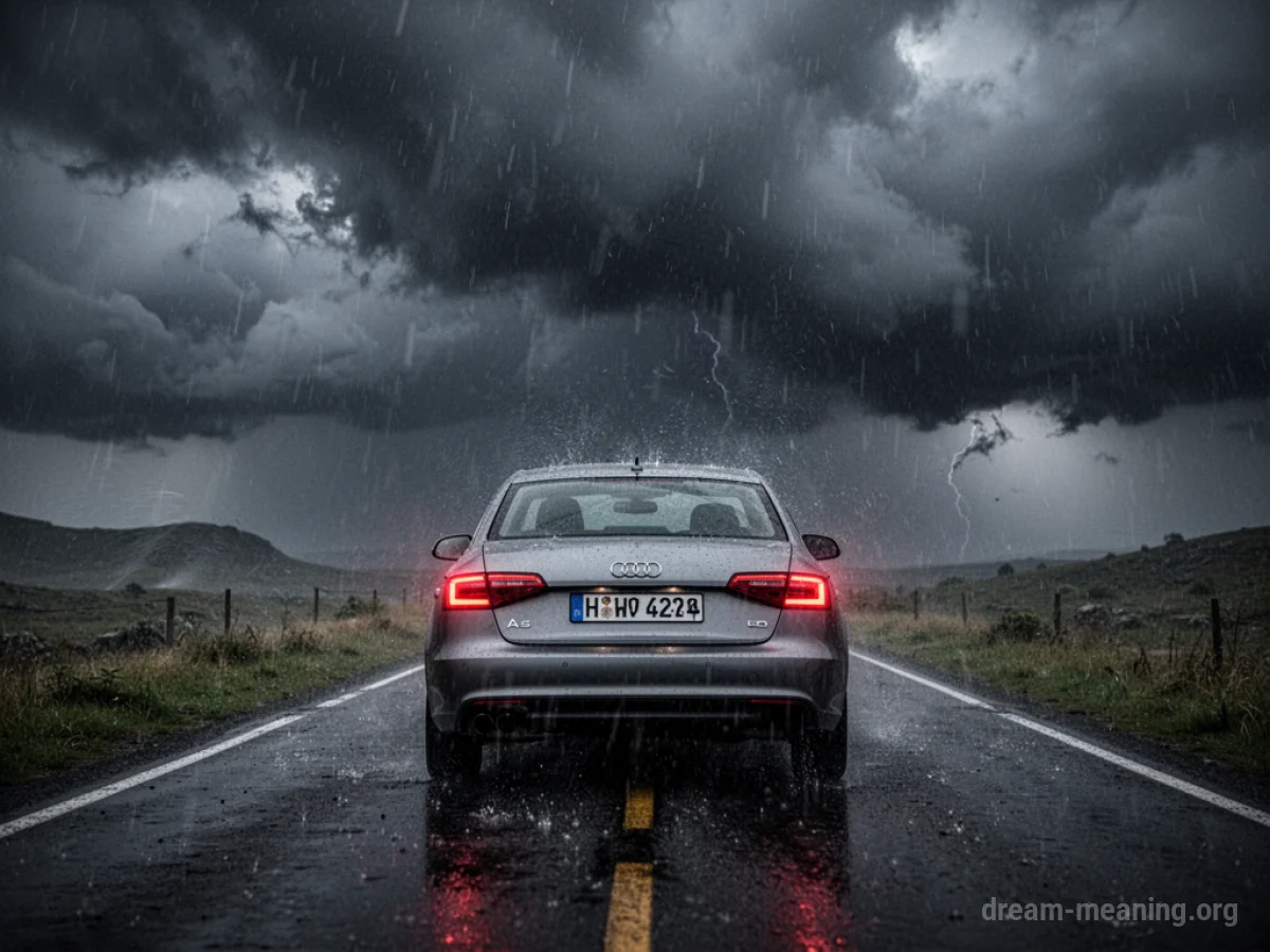 A vehicle halted on a road under a dark, turbulent sky with rain.