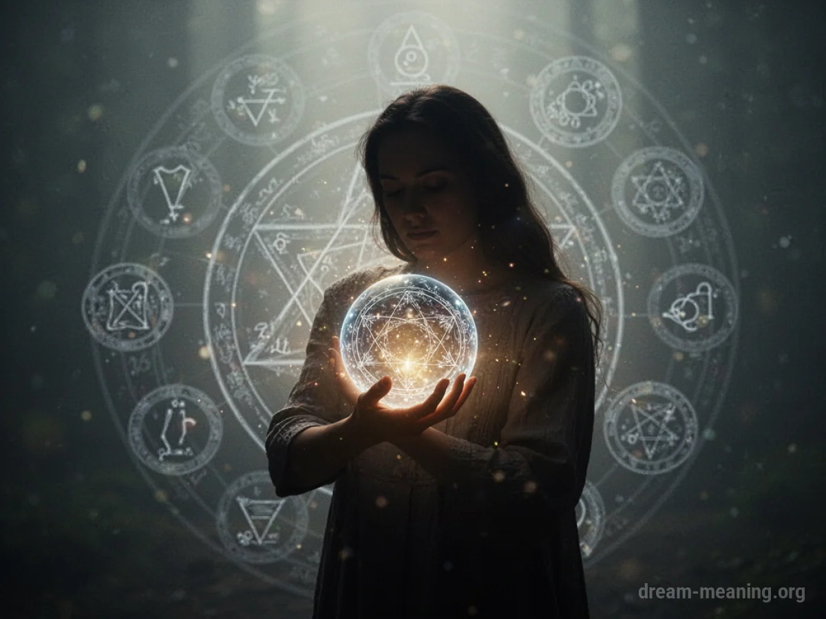 Silhouette of a person holding a glowing orb with faint magical symbols.