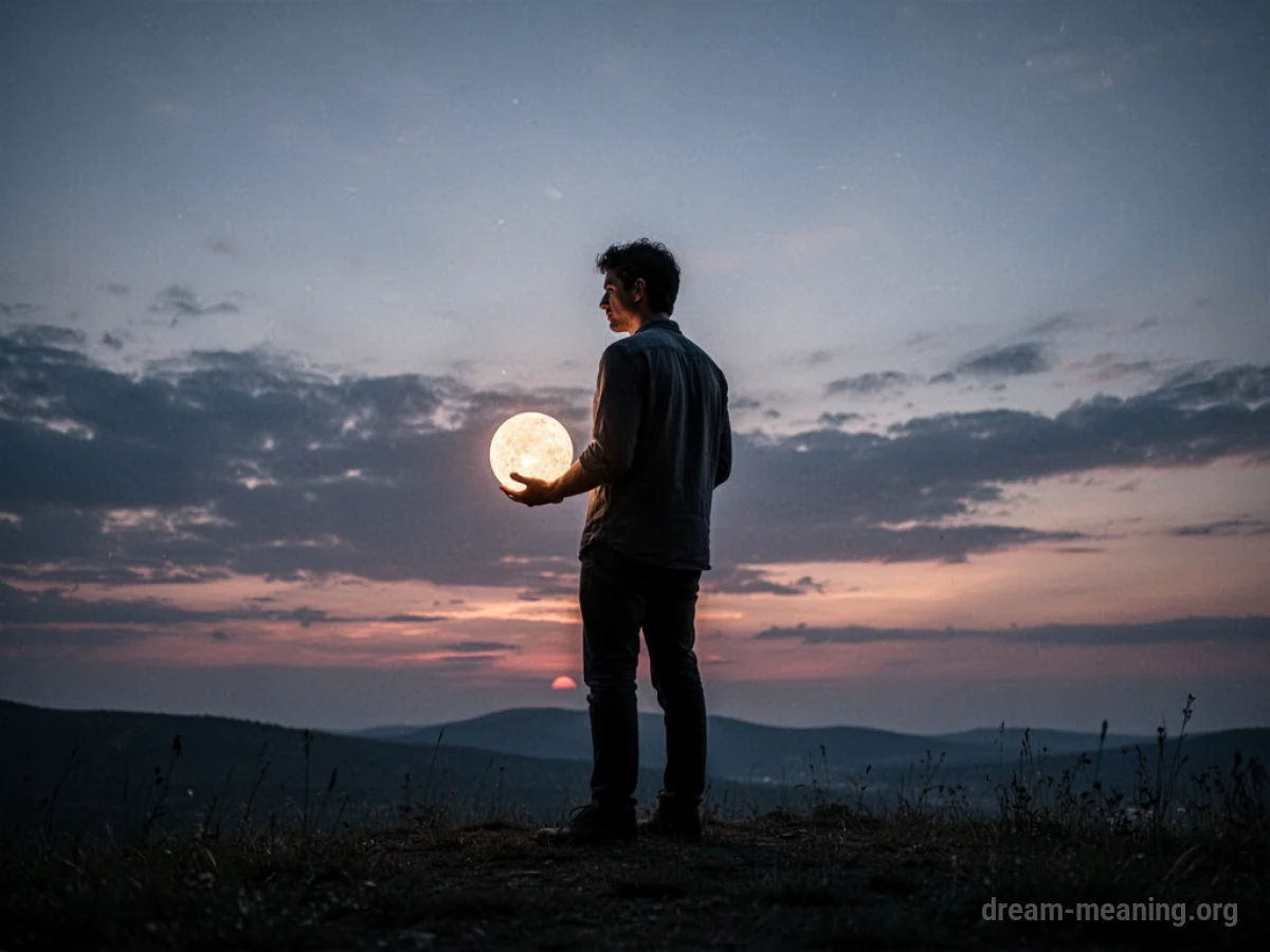 Silhouette of a person holding a glowing orb against a twilight sky.