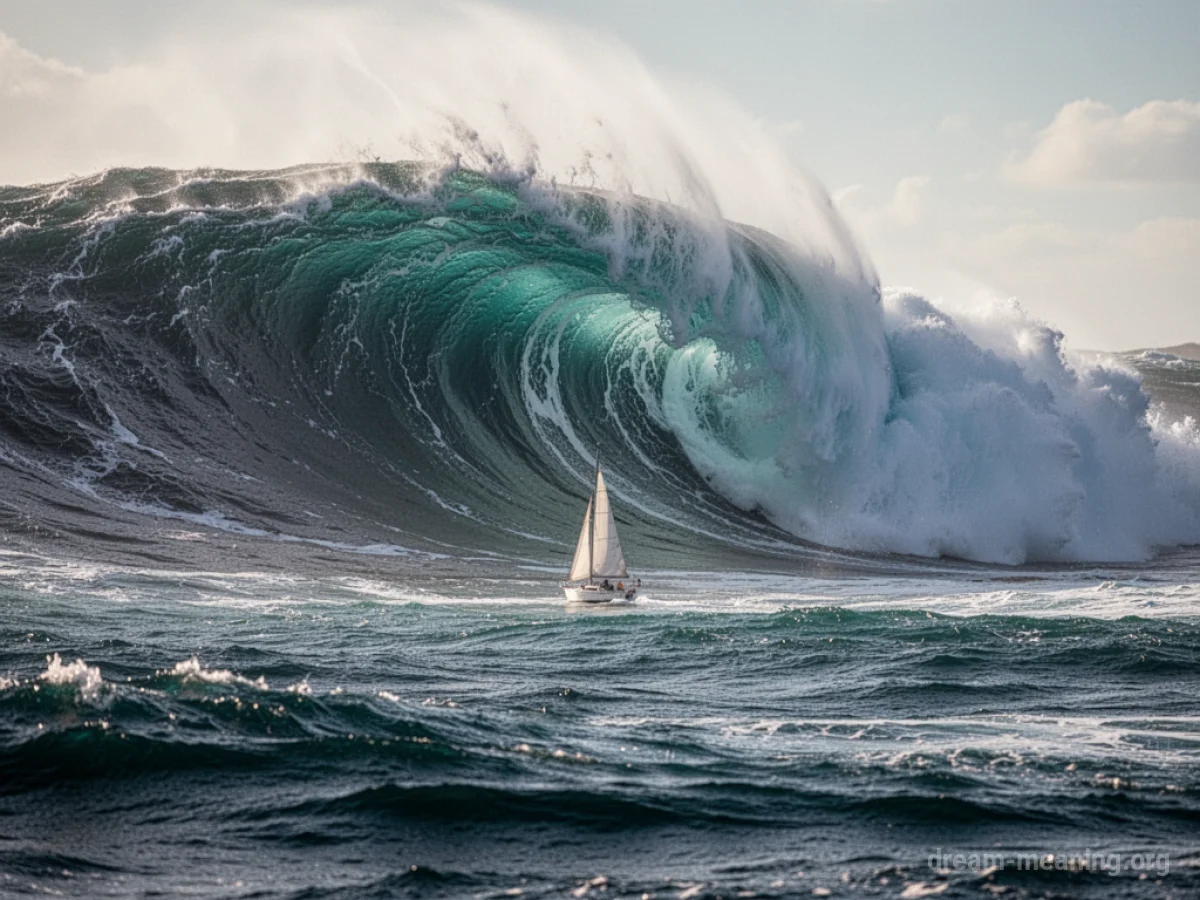 A very large ocean wave cresting, about to crash down on a tiny sailboat in the distance.