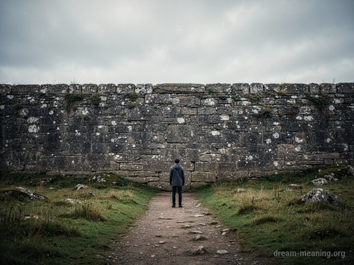 A person stands facing a large, insurmountable stone wall blocking a path.
