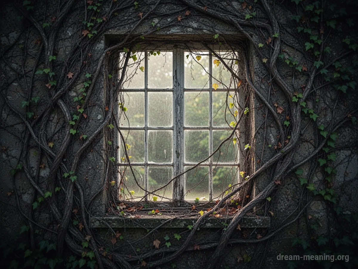 A window covered in dark vines.