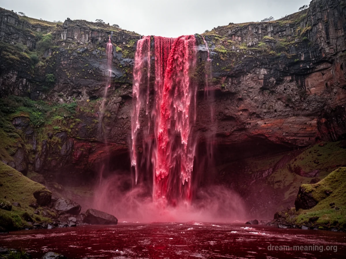 A waterfall with deep red water flowing down a rocky cliff.