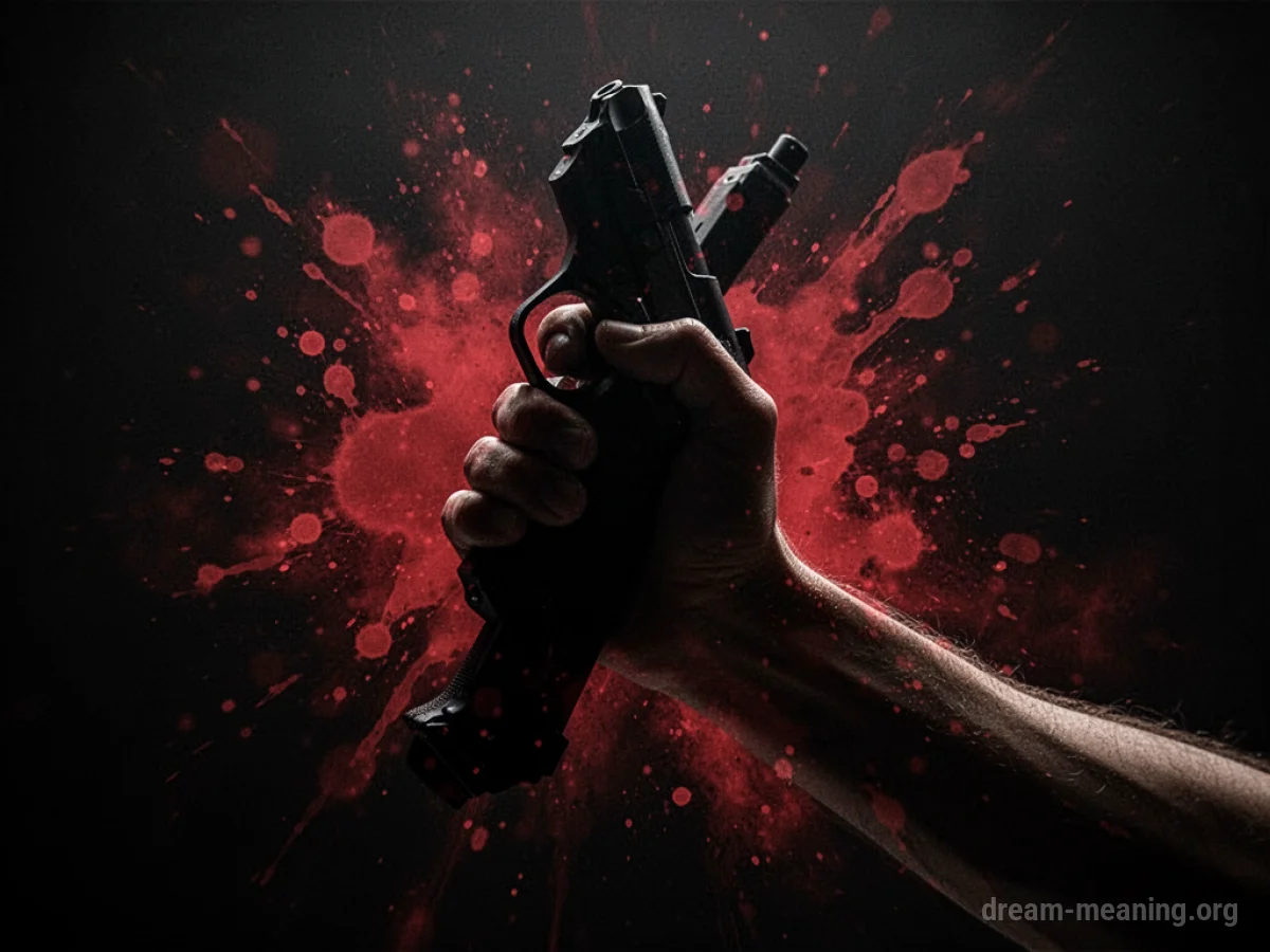Silhouette of a hand holding a weapon with abstract red marks.