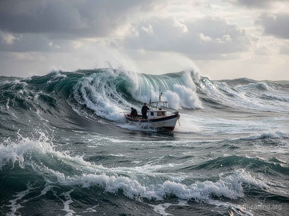 A small boat tossed by large ocean waves.