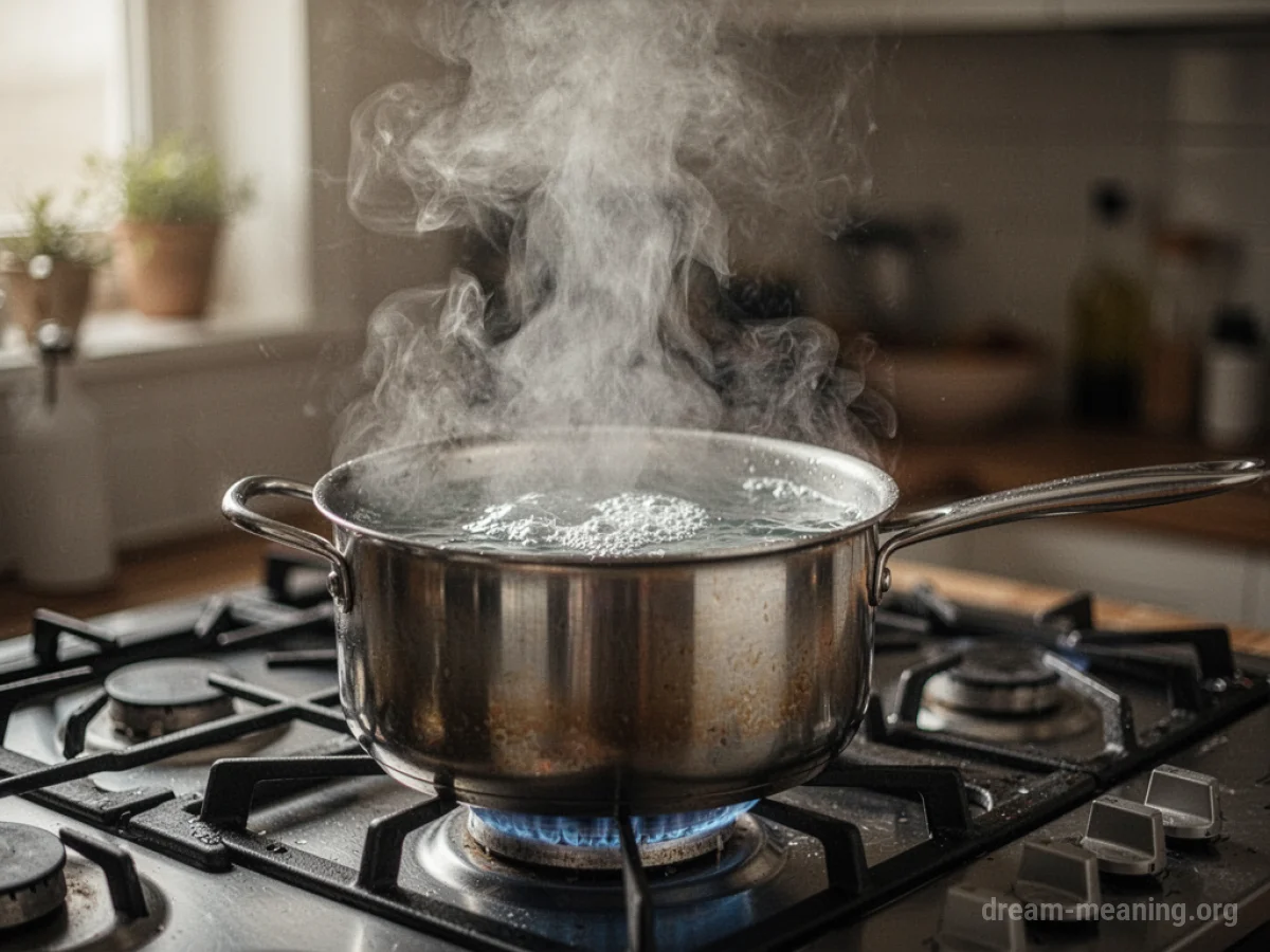 Steam billowing from a pot of intensely bubbling water.