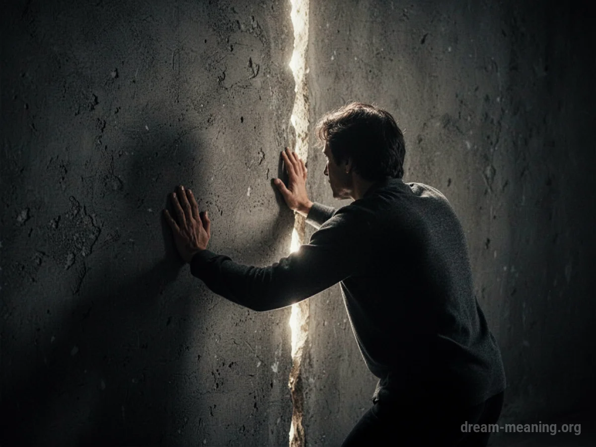Silhouette of a person pushing against a wall with a crack of light showing through.