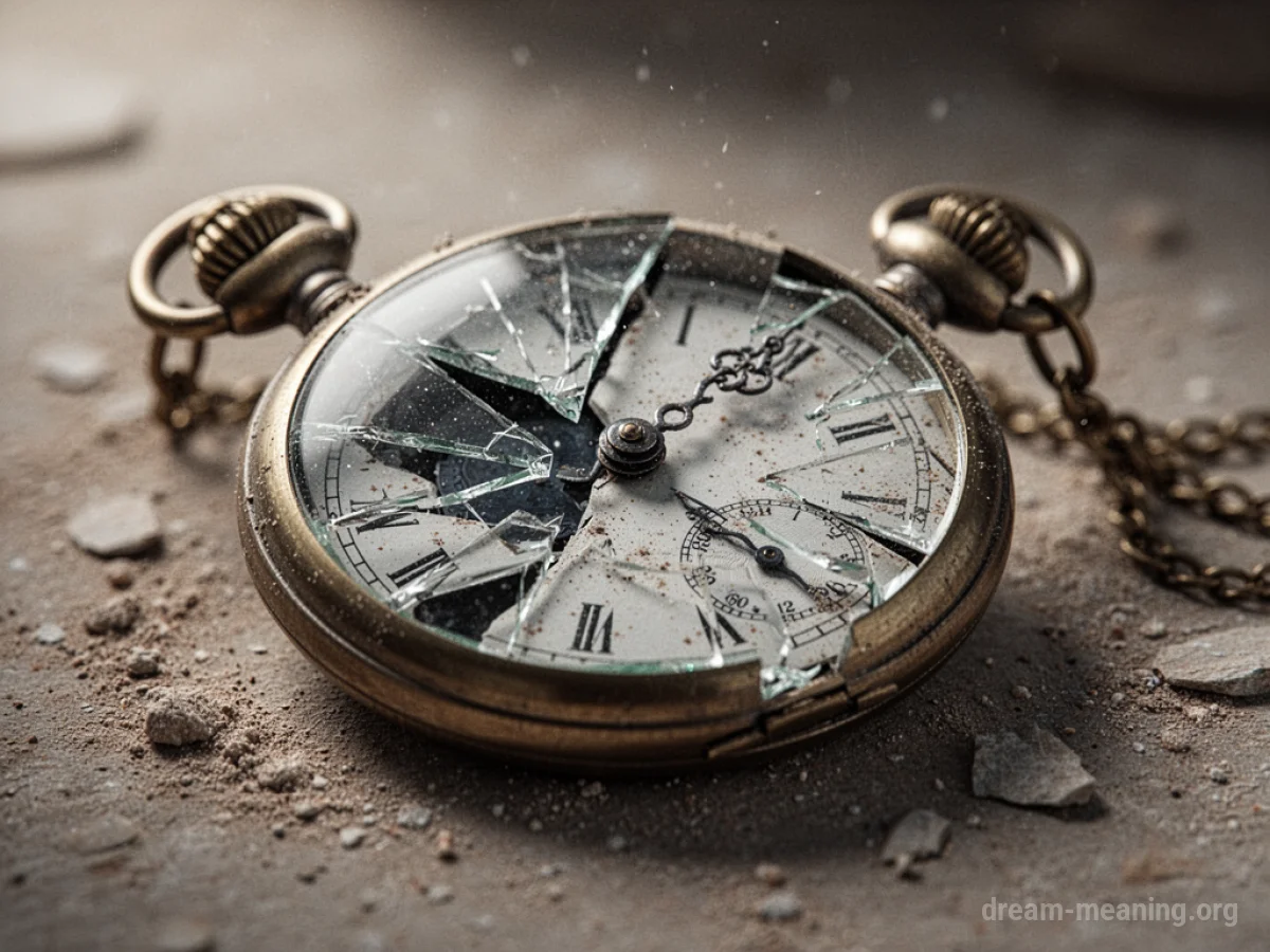 A close-up of a damaged pocket watch with a cracked face and bent hands.