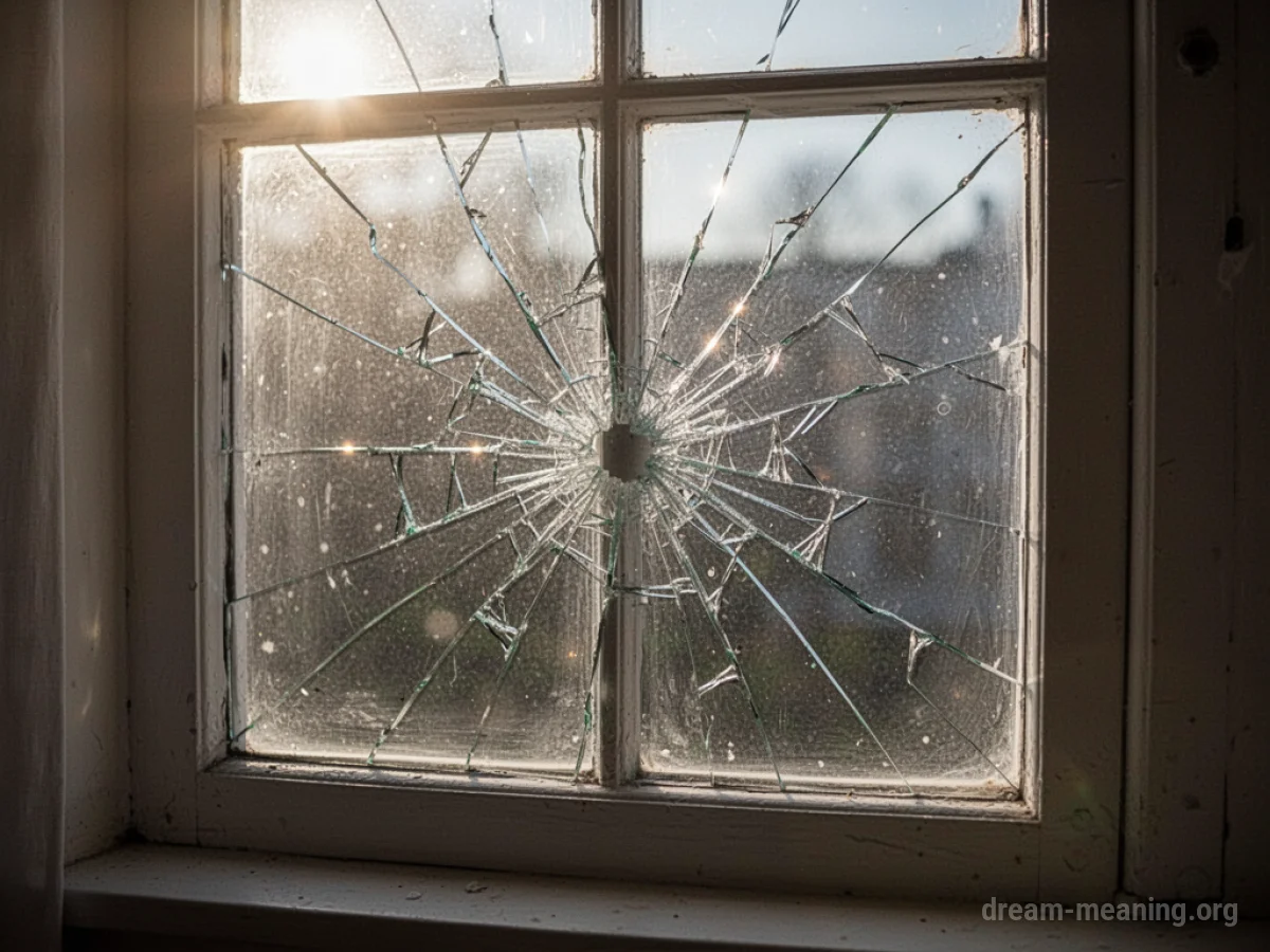 A windowpane with a large crack running through it.