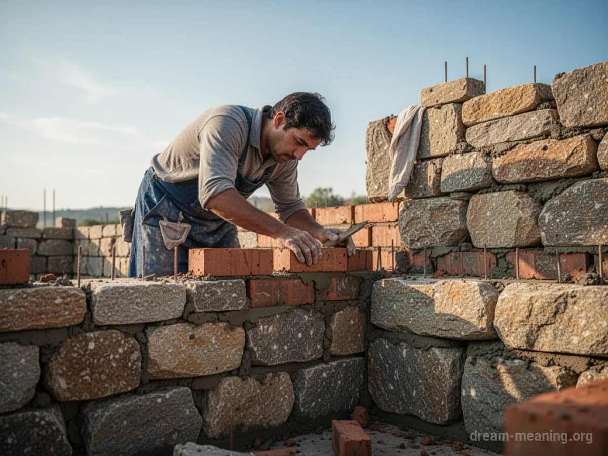 A person placing bricks to construct a stone wall.
