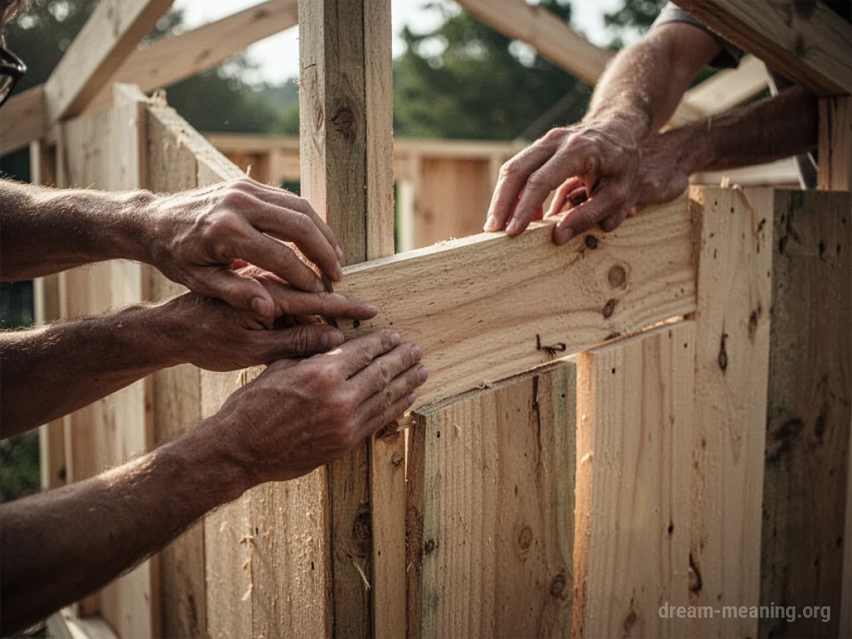 Hands assembling wooden planks into walls.
