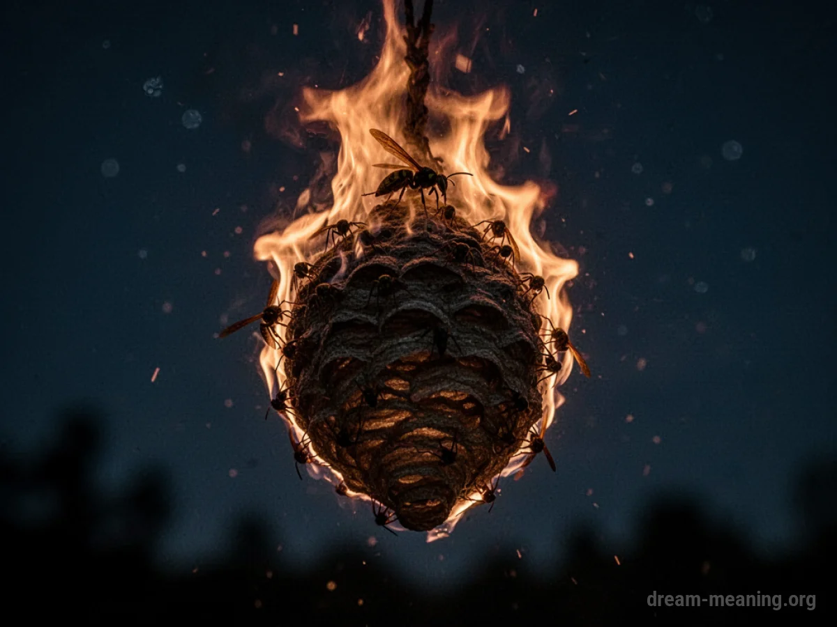 Silhouette of a burning wasp nest at night.