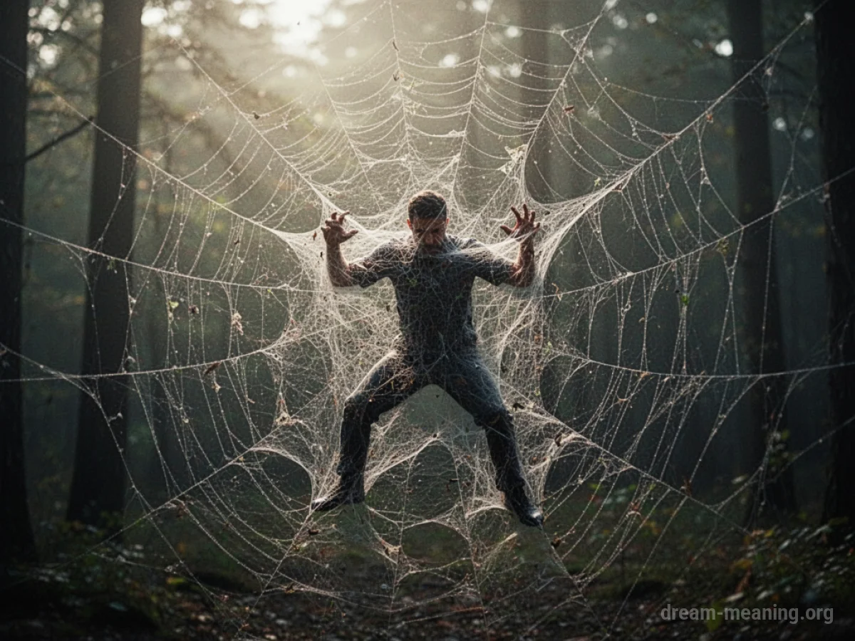 A silhouette of a person stuck in a large spider web.