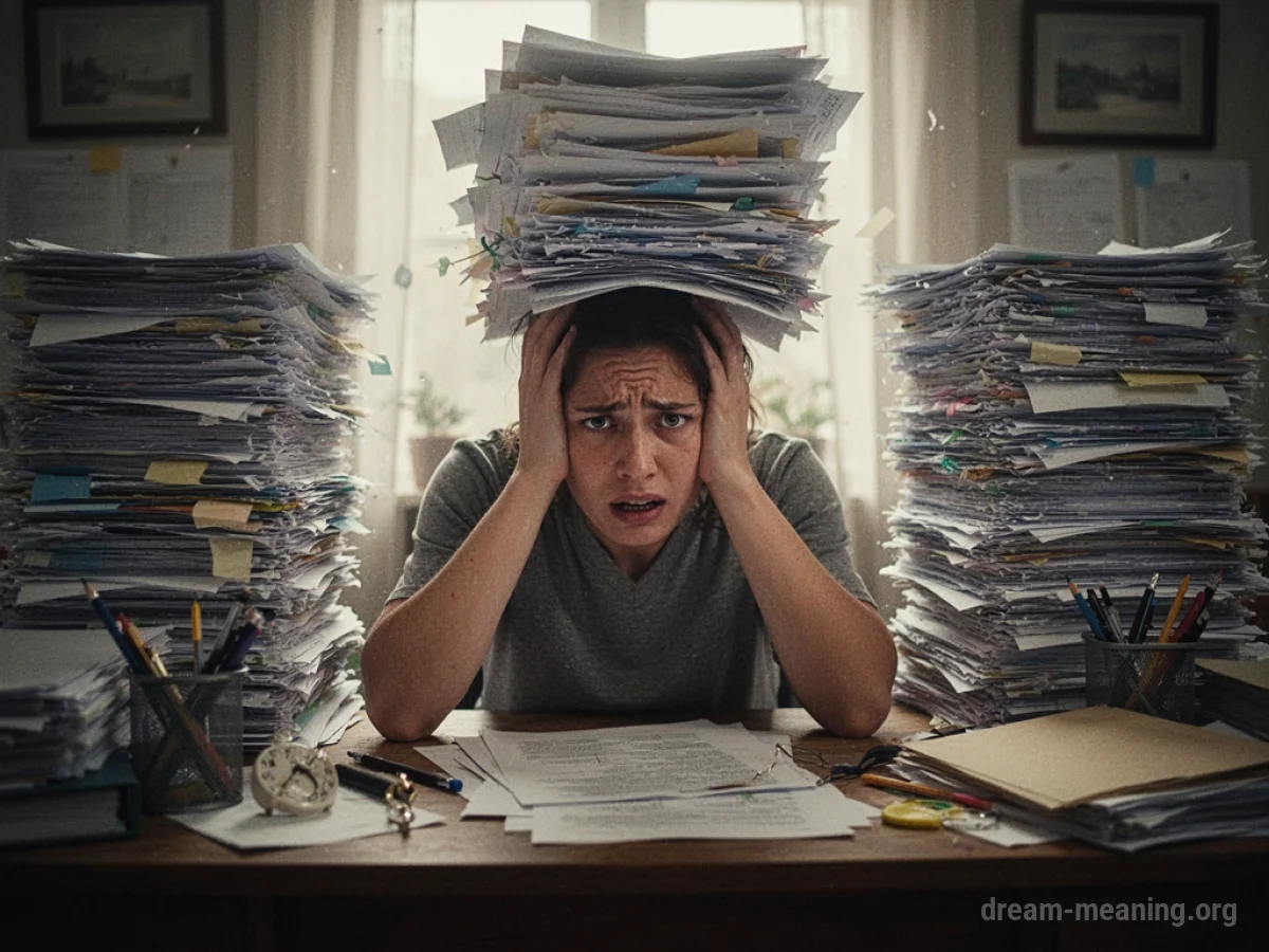 A person overwhelmed by paperwork at a desk.