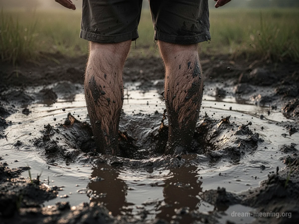Legs stuck in dark, thick mud.