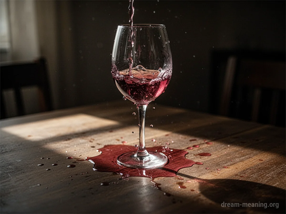 A glass of red wine spilling over the rim onto a wooden surface.