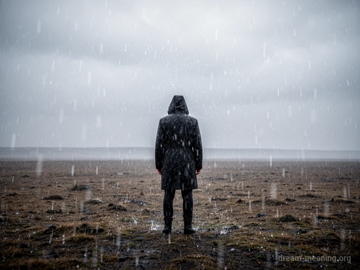 A lone figure under heavy rain in an empty landscape.