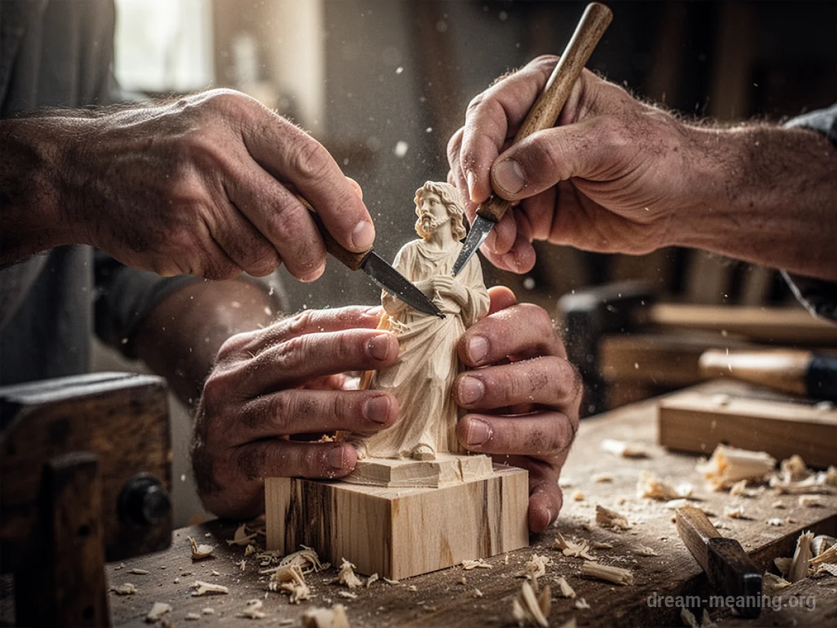Hands shaping a wooden object with a carving tool.