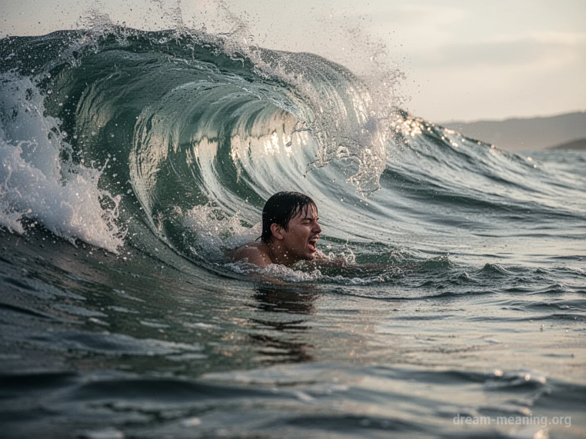 A person's head emerging from turbulent water as a large wave crests behind them.