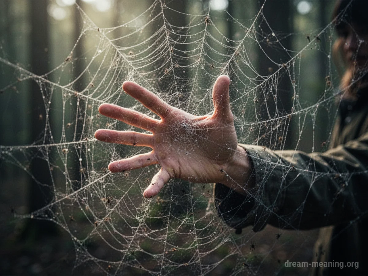 A hand struggling to break free from a sticky spider web.
