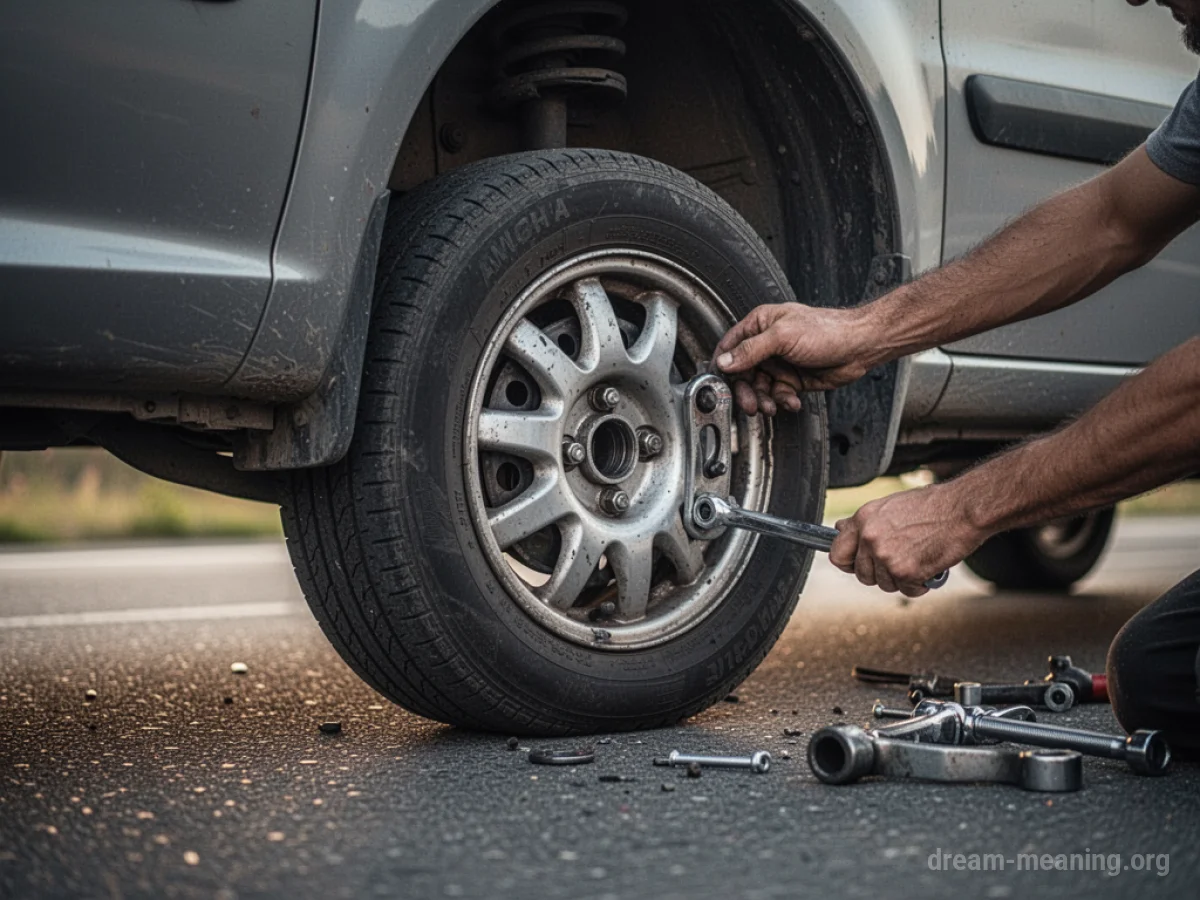 A hand holding a lug wrench near a car wheel on the ground.