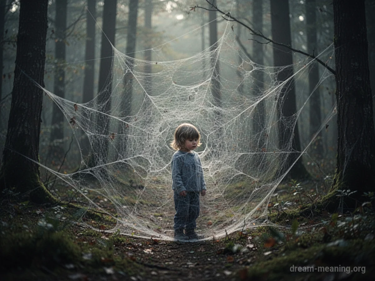 A child is entangled in a large spider web.