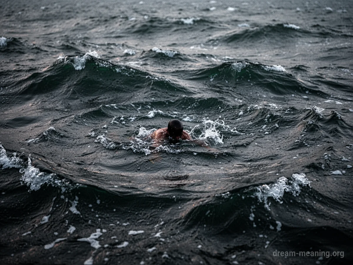 A silhouetted child partially submerged in dark, rippling water.